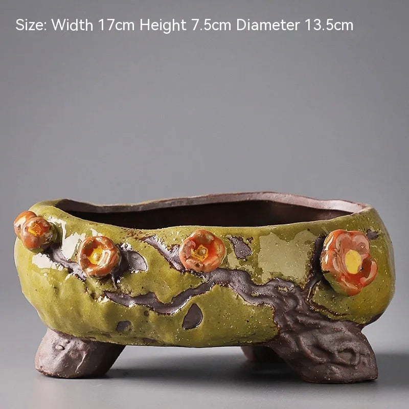 Large handmade ceramic flowerpot with pastoral hand-painted design for indoor plants
