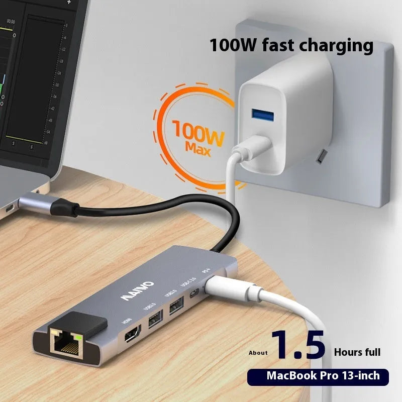 KH06RH1 Steam Deck six-in-one docking station with USB-C cable, HDMI, Ethernet, and USB ports.