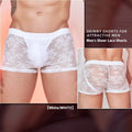 Men's black lace boxers made from nylon fabric, showing lace detailing on a free-size brief.