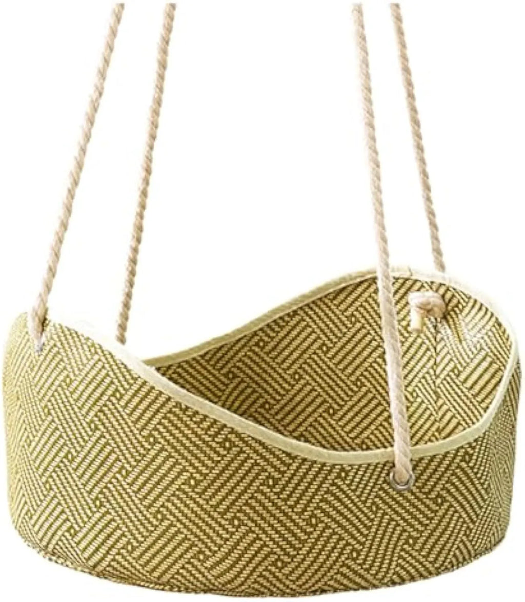 Green rattan cat hammock with metal hooks, shown hanging, suitable for small pets.