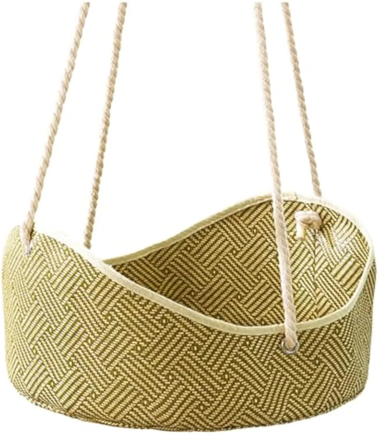 Green rattan cat hammock with metal hooks, shown hanging, suitable for small pets.