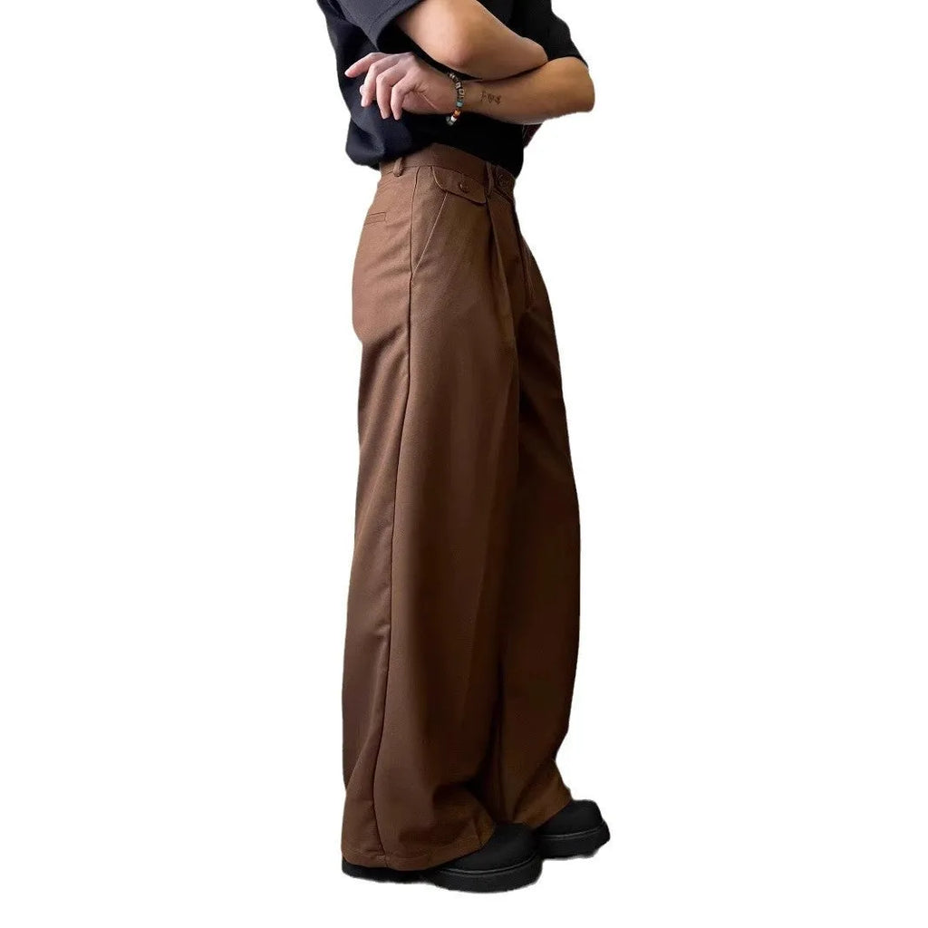 Men's straight-leg casual trousers in black with wide-leg loose cut
