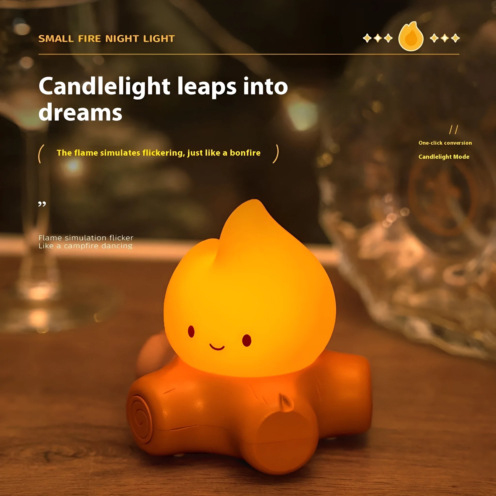 Small yellow silicone cartoon fire pile night lamp with ABS plastic shade on a table