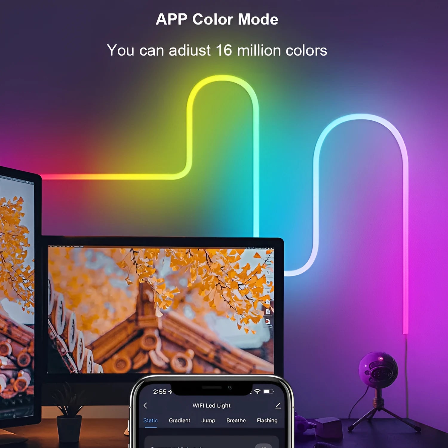 3-metre long flexible RGB LED neon light strip with remote control, showing colour-changing effects.