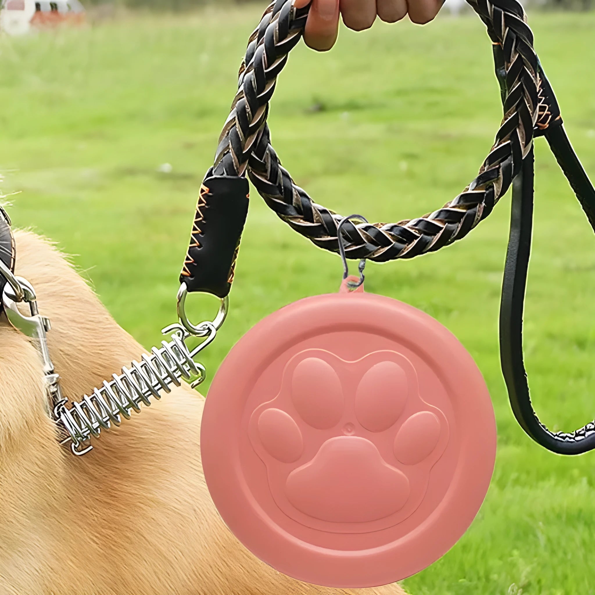Green and pink portable silicone dog bowl with two compartments, shown folded and unfolded
