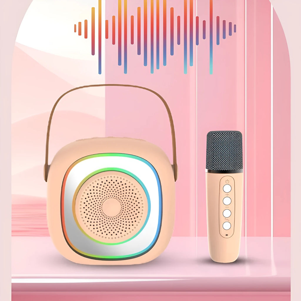 Wireless home karaoke audio microphone kit with Bluetooth unit, showing colour options like black double wheat.