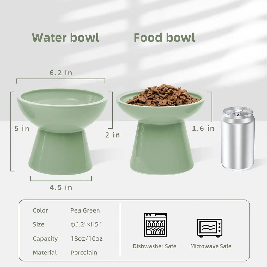 Blue elevated ceramic cat food bowl on a white surface