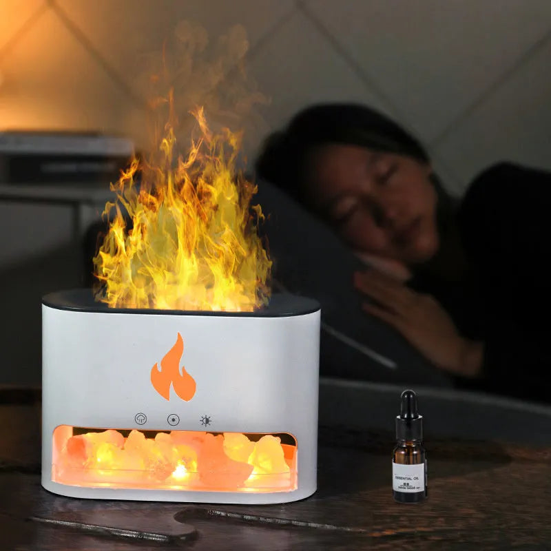 Square white desktop humidifier with a simulated 3D colourful flame light effect and a crystal salt stone.