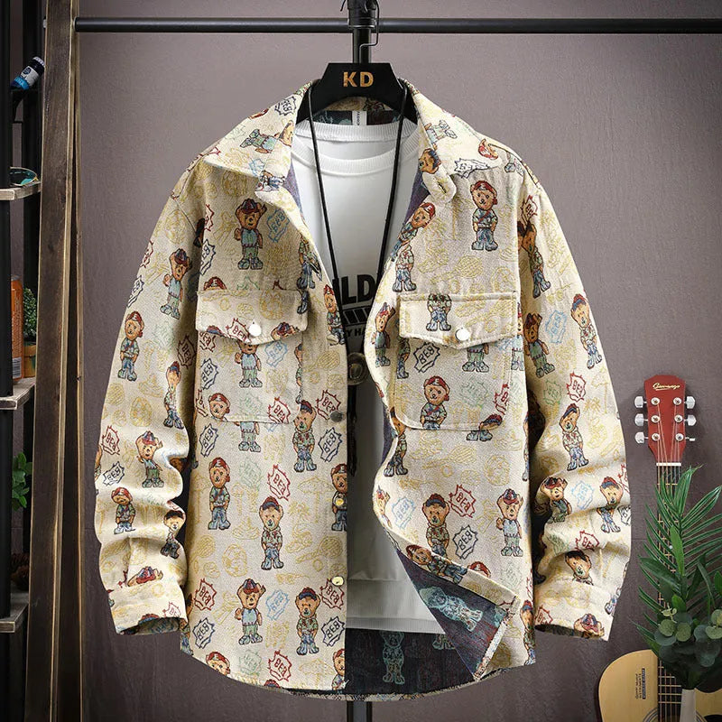 Casual lapel shirt coat in a colour option, shown with long sleeves and a straight hem.