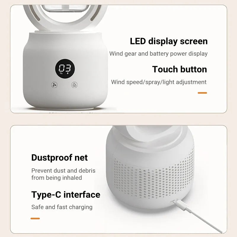 White bladeless table fan with humidifier mist spray and USB rechargeable battery on wooden desk