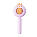 Purple pet grooming brush with self-cleaning button and bent stainless steel bristles