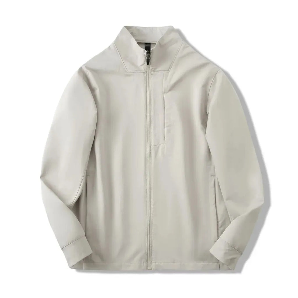 Men's stand collar casual jacket in polyester available in black, dark blue, and milky white