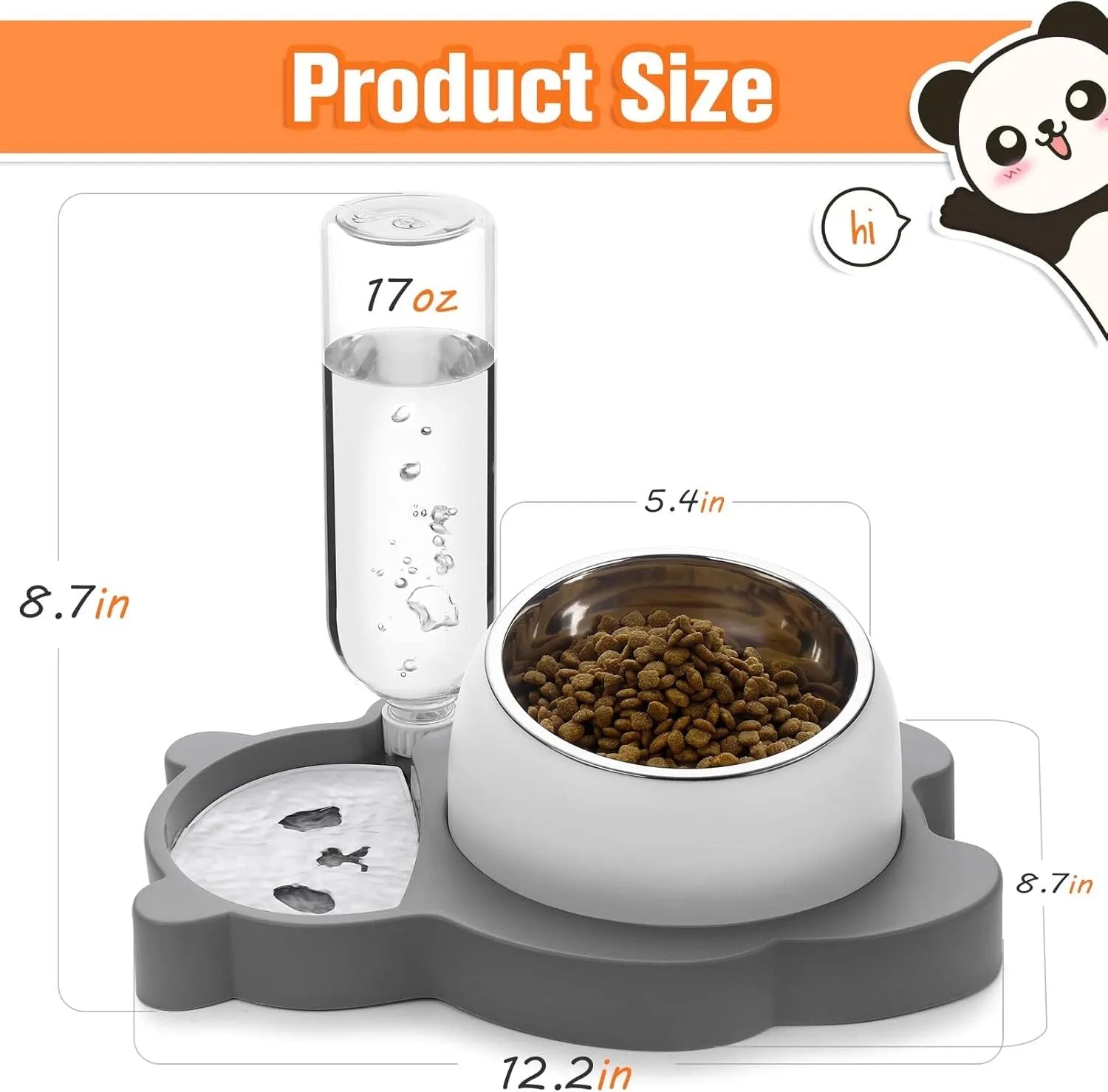 Grey and green panda-shaped elevated pet bowl set with tilted stainless steel bowls and a large automatic water bottle.