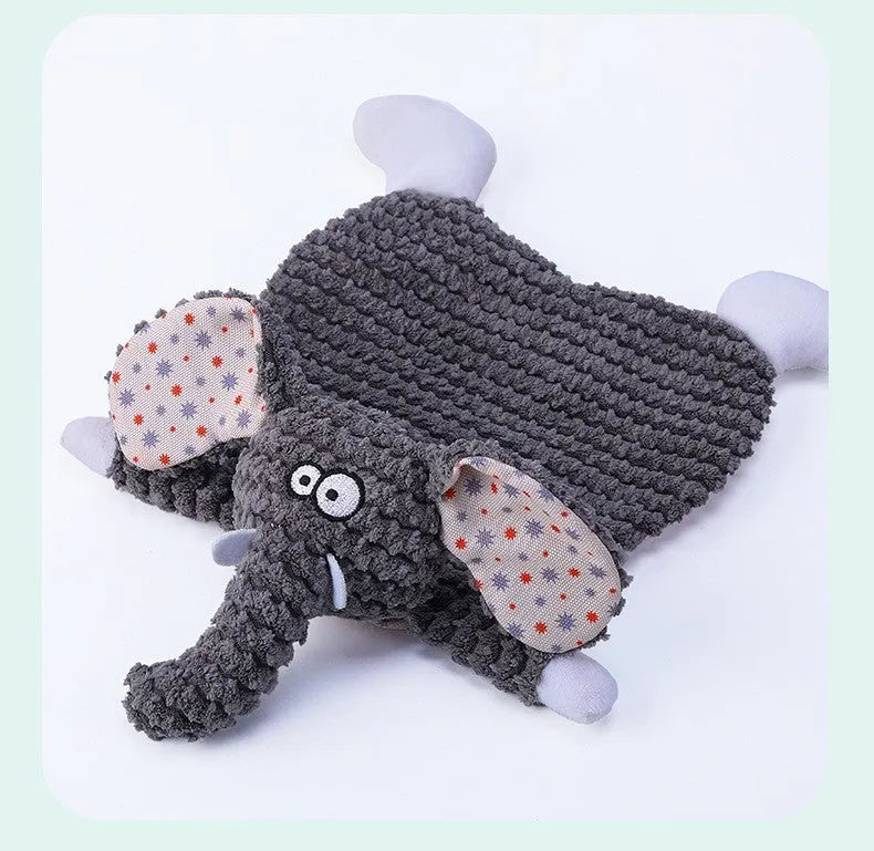 Brown velvet pet chew toy shaped like a fox elephant with crinkle paper and squeaker inside