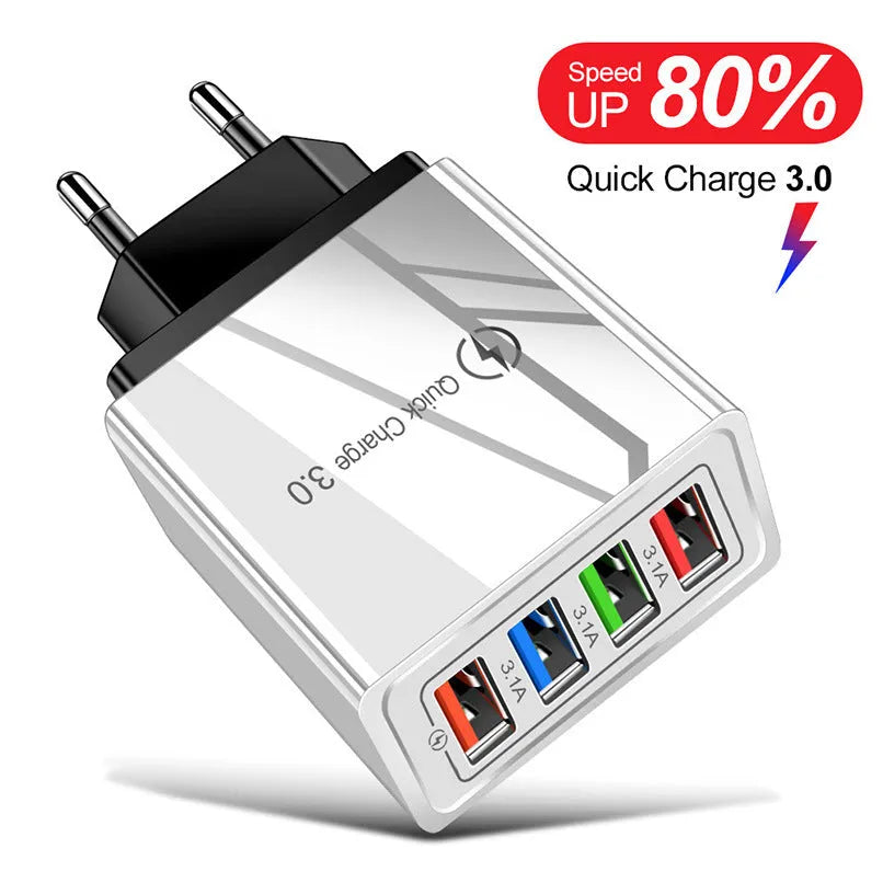 Multi-port USB charging head with luminous indicator showing US, EU and UK plug variants