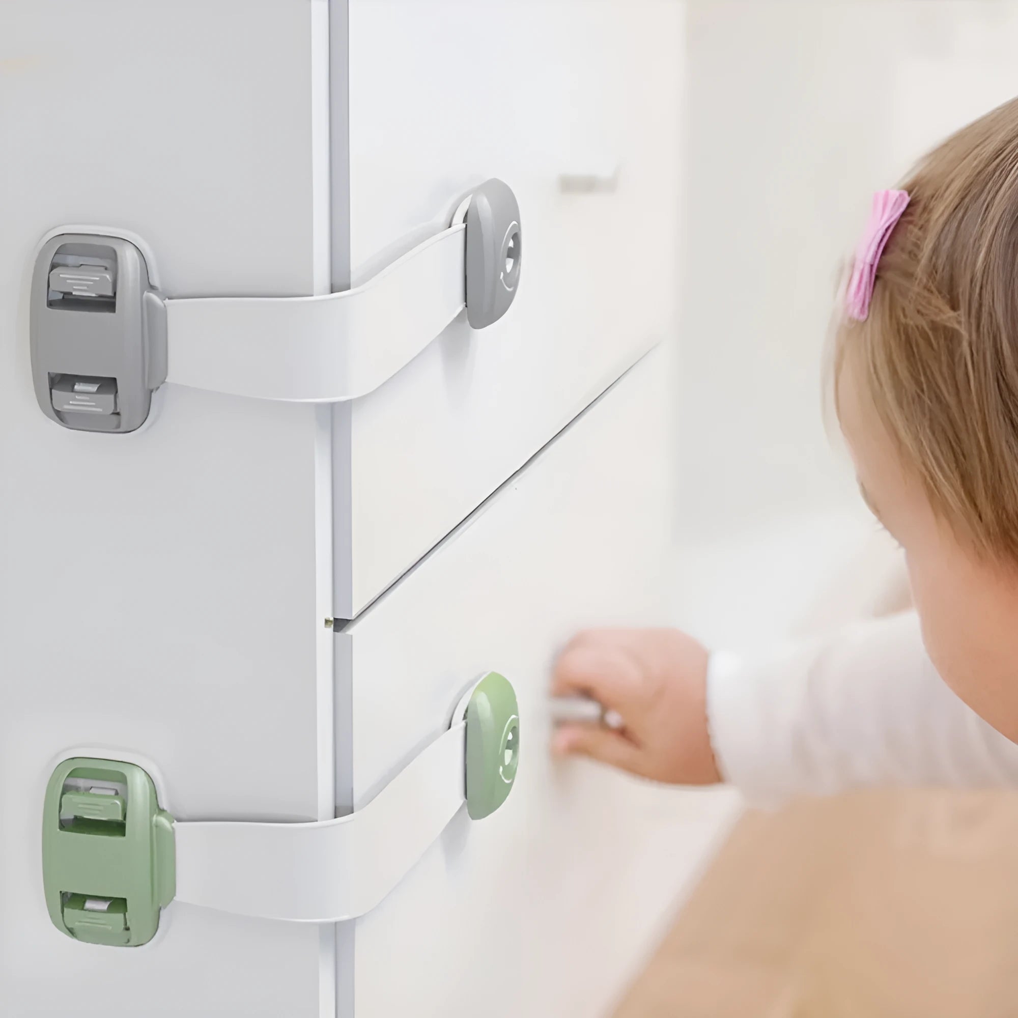 Adjustable child safety strap lock for cabinets and drawers in grey or green