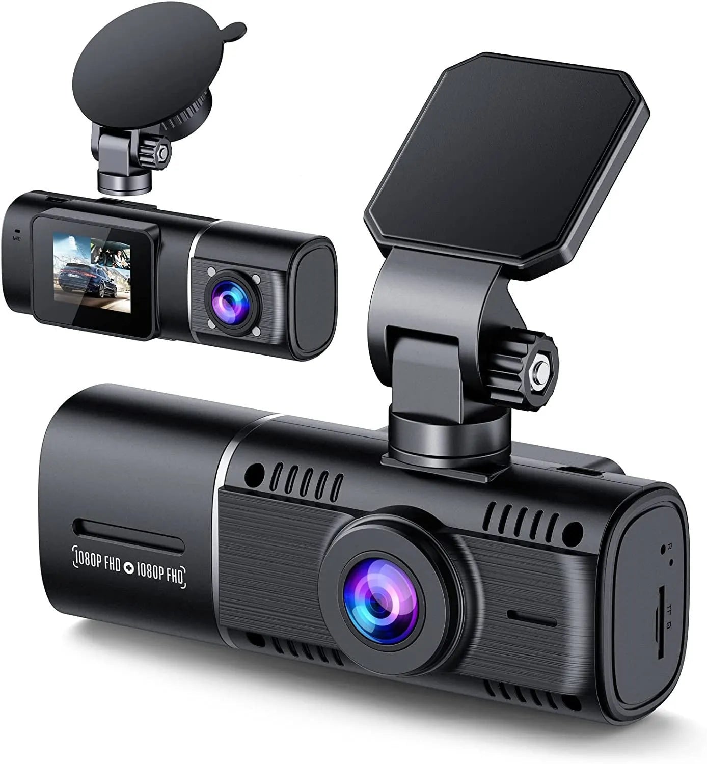 Standard black 1080p car dash cam with a 1.5-inch screen, shown with car charger and windscreen mount.