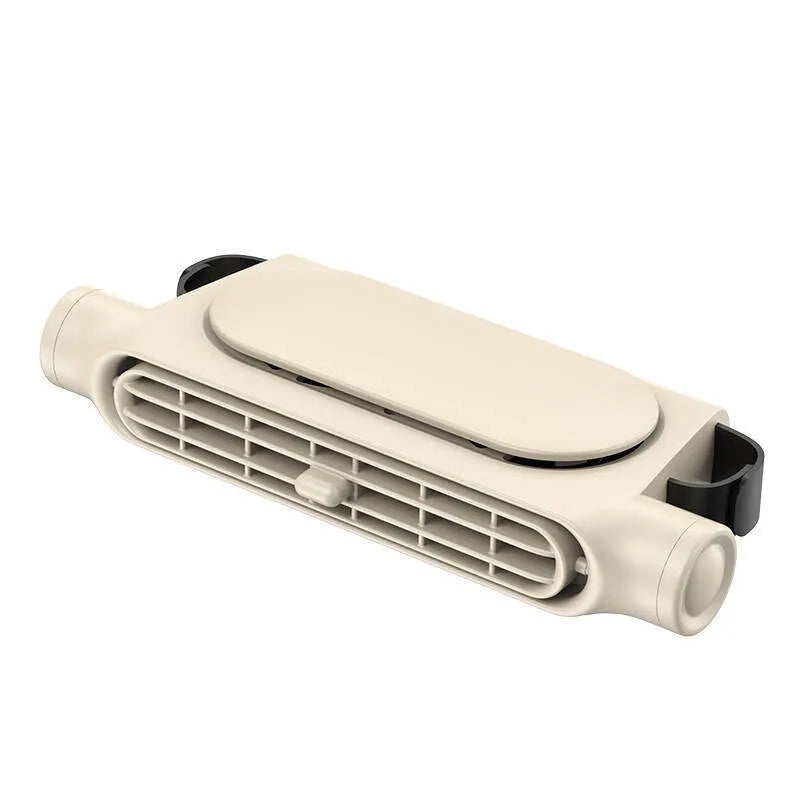 USB plug-in car seat fan with velcro straps, shown in beige colour, mounted on a car headrest.