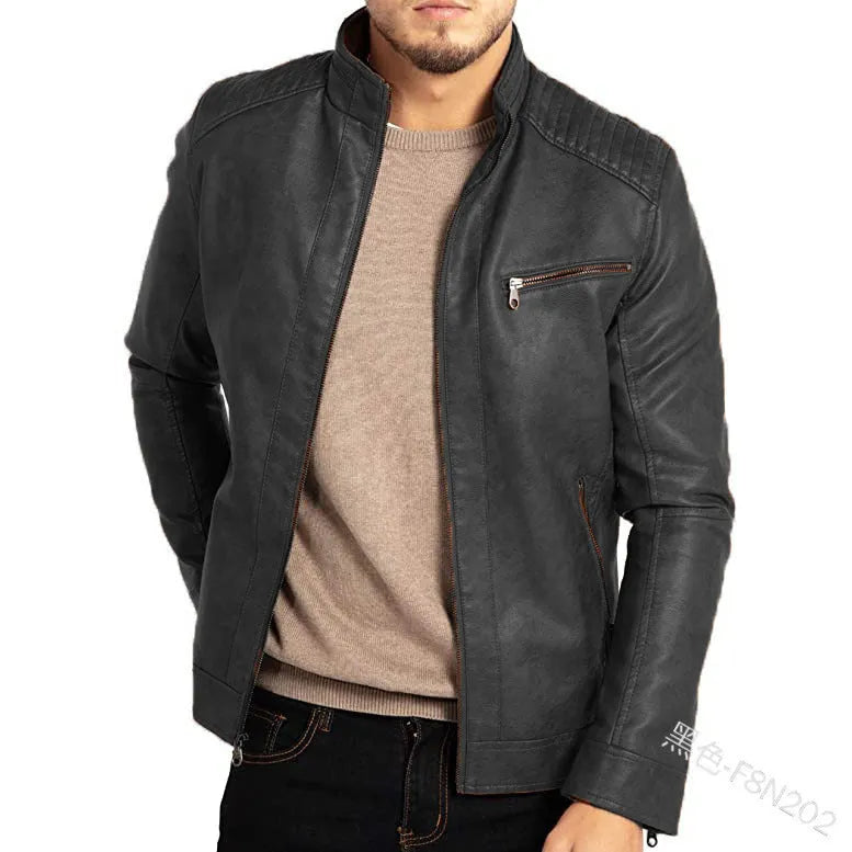 Men's brown artificial leather punk motorcycle jacket with stand collar and patch pocket.