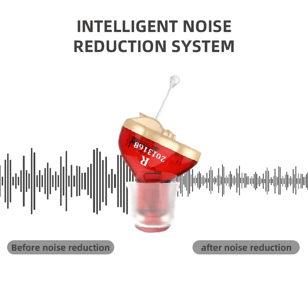 Red and blue Q10 digital hearing aids with automatic calibration and micro wireless design