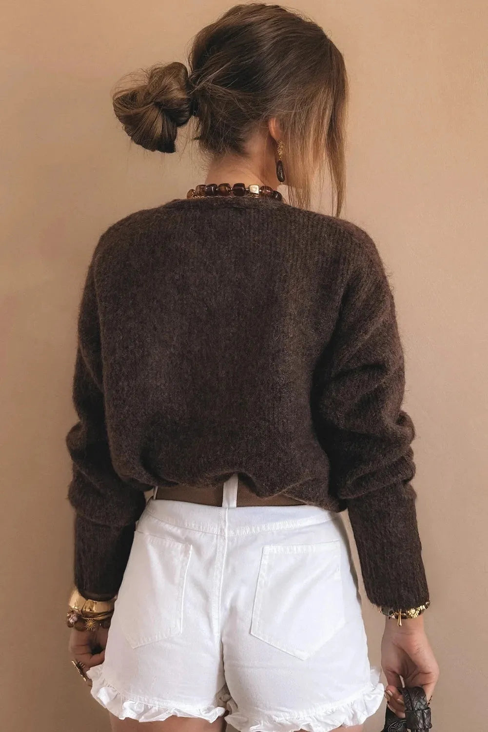 Women's loose cardigan coat with metal buckle in Coffee colour, long sleeves, solid knit fabric
