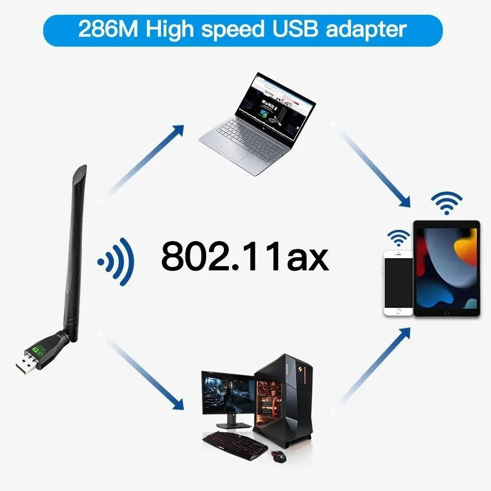 Black USB WiFi 6 wireless network adapter for driver-free PC and laptop connectivity.