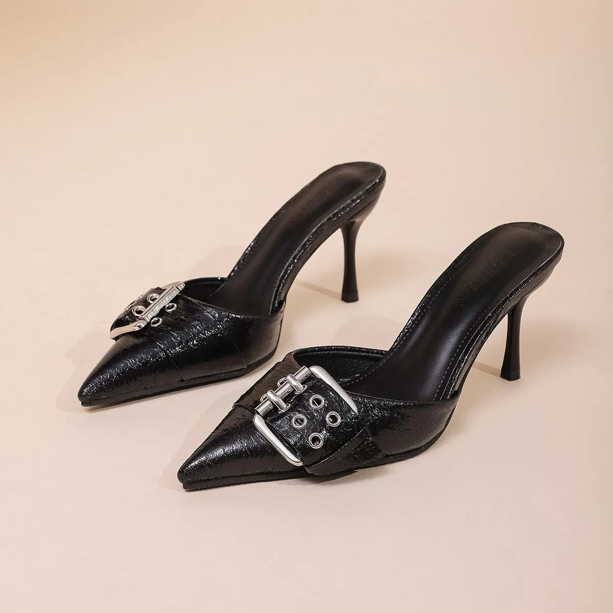 Black women's pointed toe high heels with ankle strap and buckle decoration