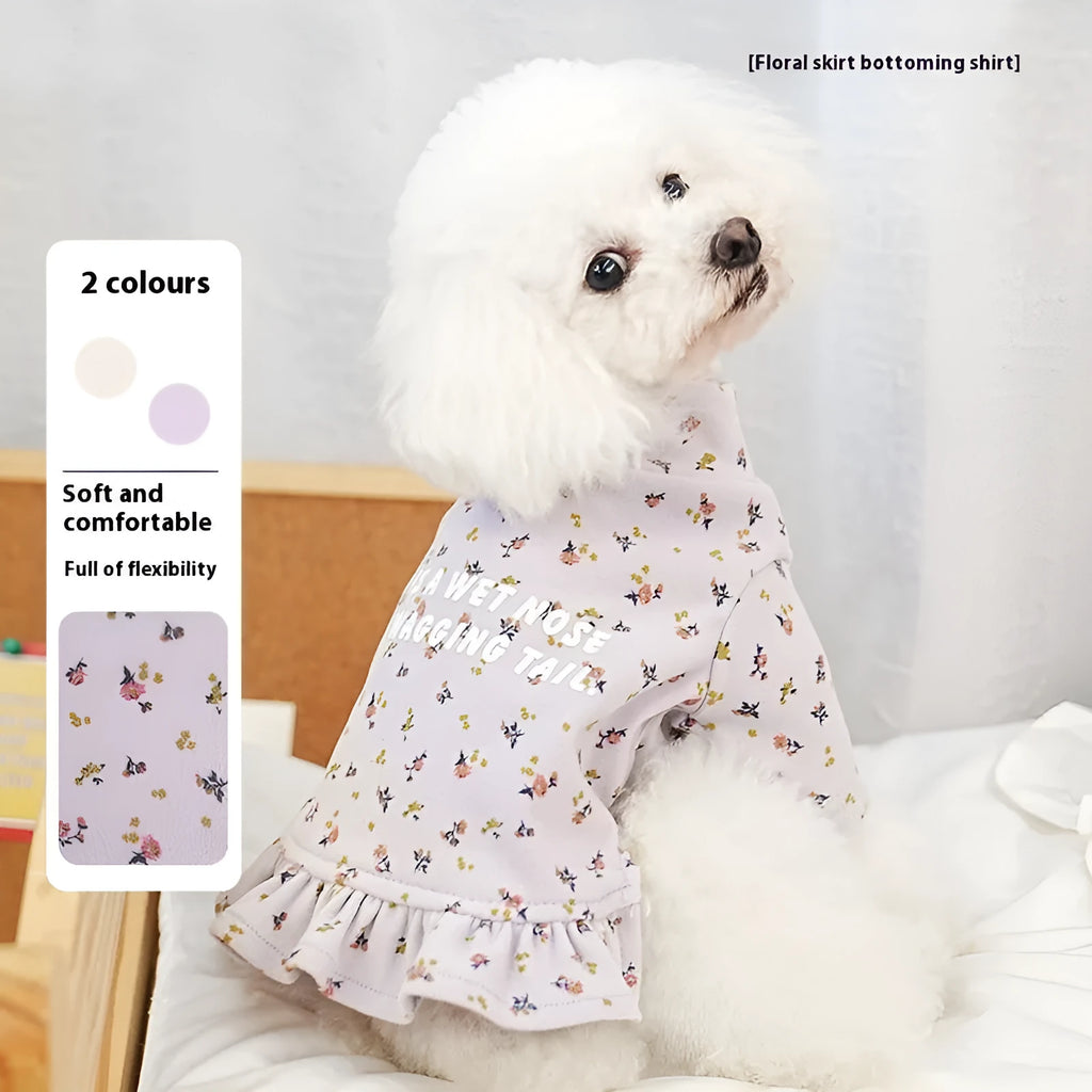 Light purple floral skirt dog undershirt for small breeds on sizing chart