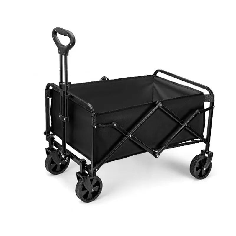 Black metal camping trolley with 8-inch off-road wheels and brakes, 400kg load capacity, on outdoor ground.