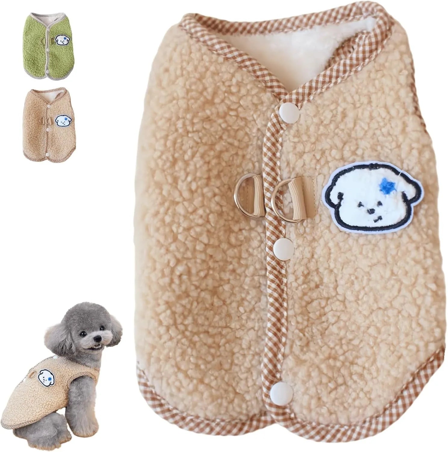 Green coral fleece dog vest with a leash ring on a small dog, showing the sleeveless design.