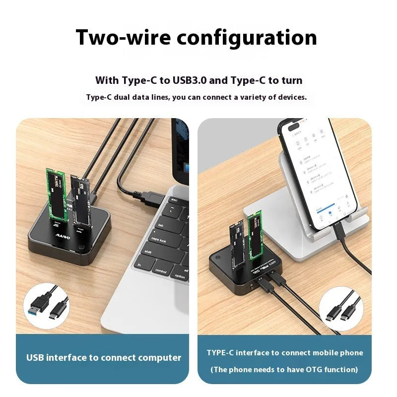 MAIWO K3016 M.2 solid state drive duplicator dock with data cables and power adapter