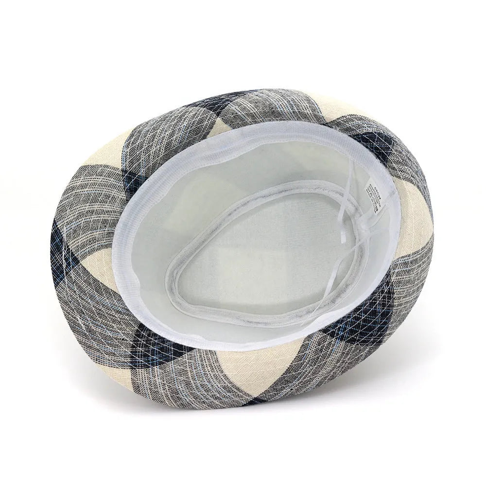 A blue polyester sun hat with a wide brim and bell-shaped crown on a neutral background.