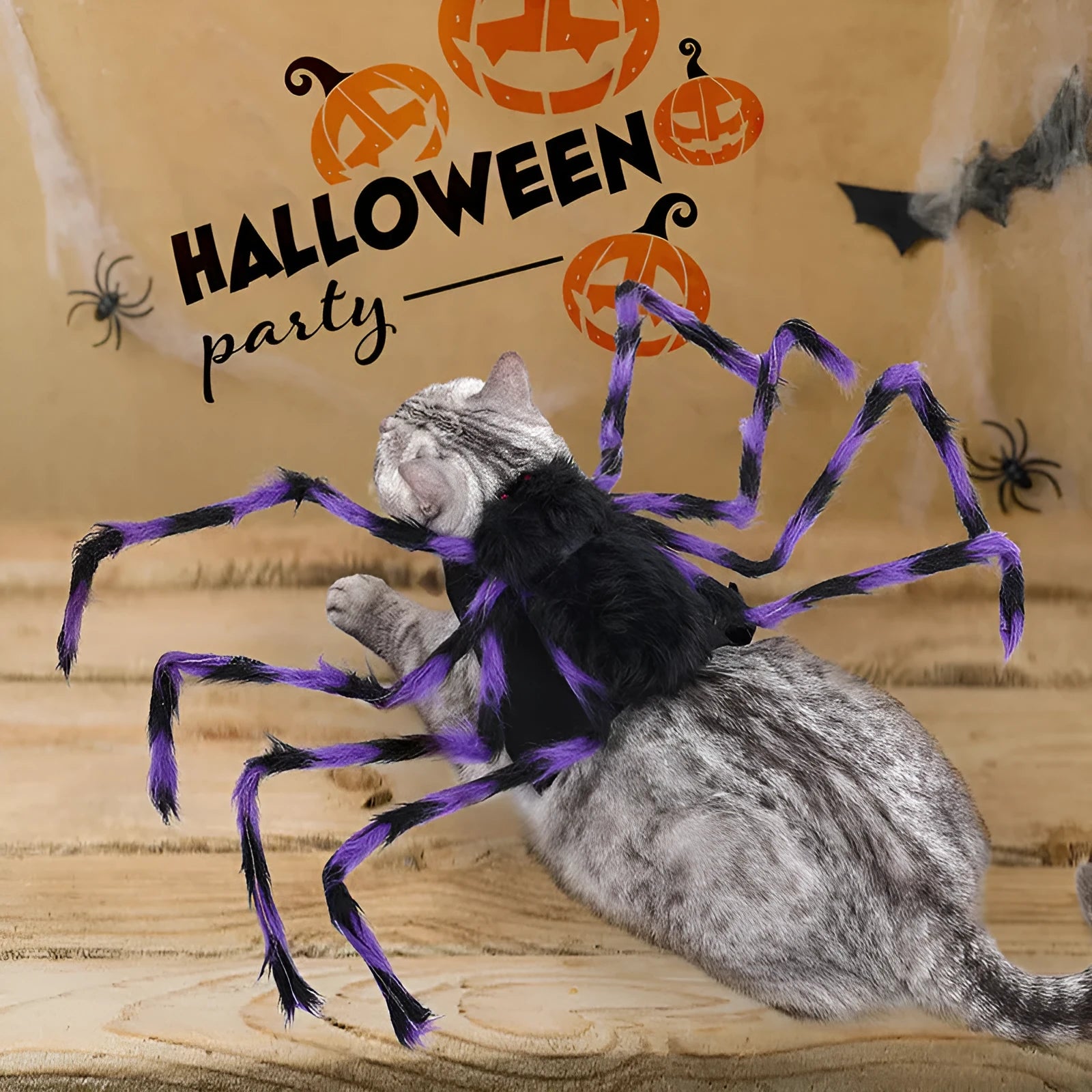 Halloween spider costume for pets on dog showing black and purple spider design