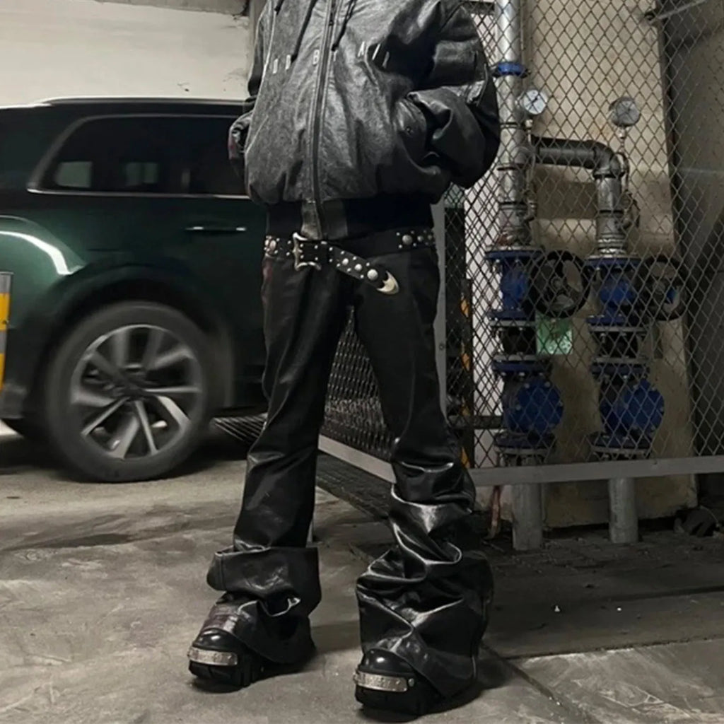 Black coated patent leather skinny jeans with straight leg cut and mid waist design