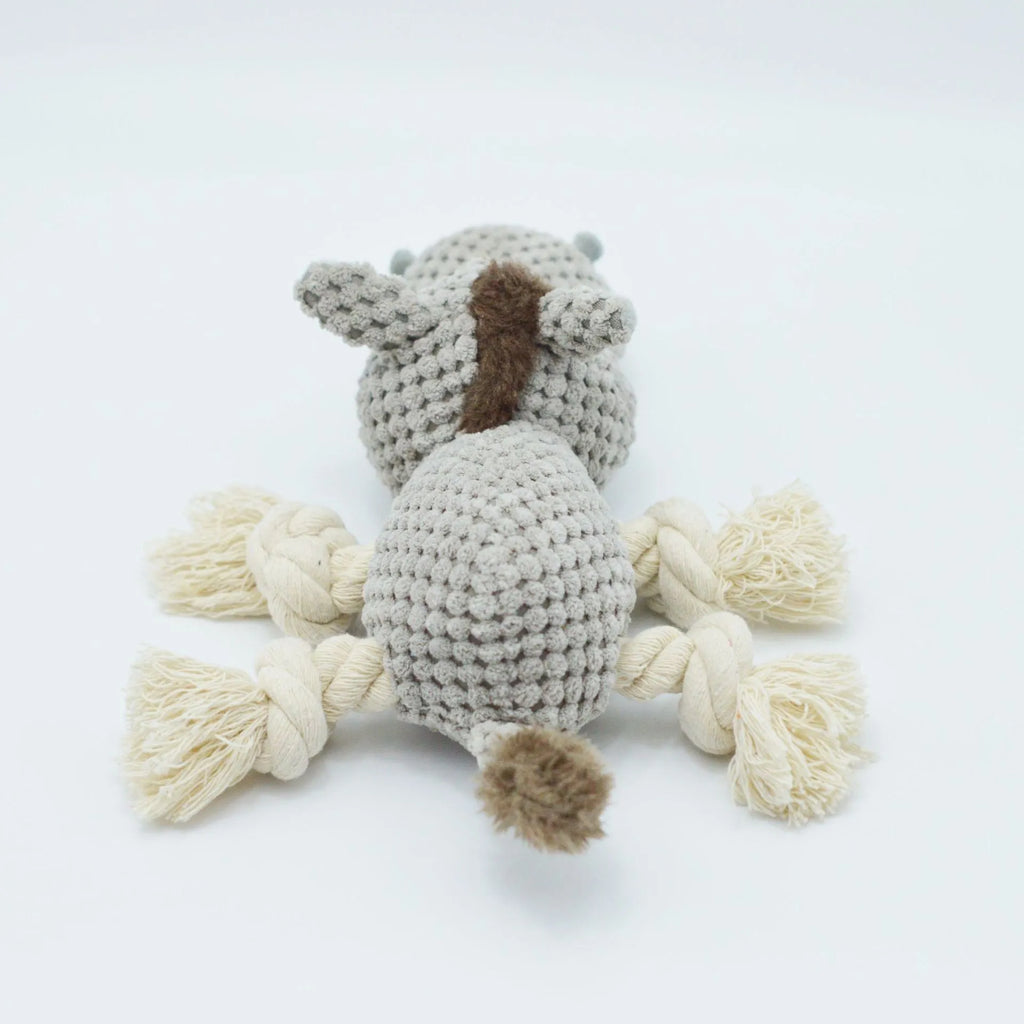 Grey donkey plush dog toy with creak sound measuring 27x20x9.5cm