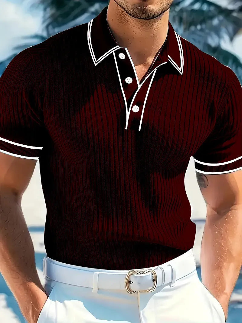 Men's loose fit striped polo shirt in chemical fibre blend fabric for summer wear