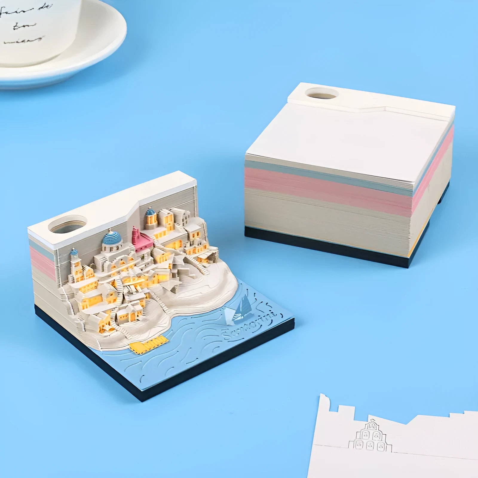 Santorini 3D paper carving notepad building model with LED lighting measuring 9x9x5 cm