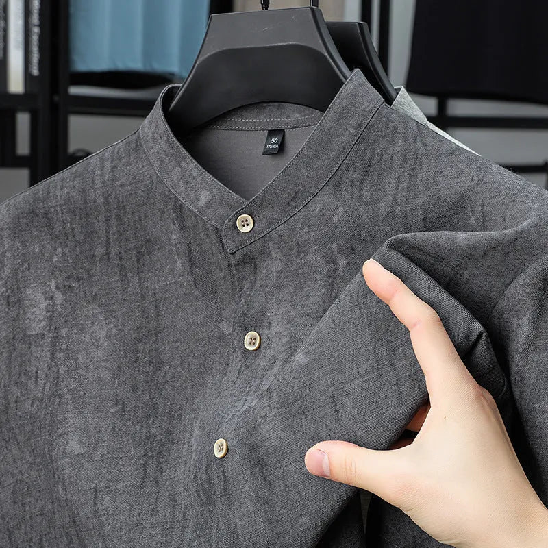 Men's loose-fit linen-look cardigan-style shirt in a viscose blend, shown in black and grey.