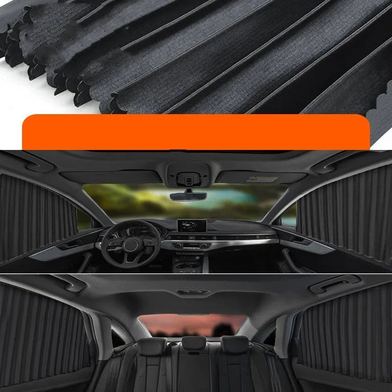 Auto retractable car sun curtain with roller shutter mechanism in black colour extended over vehicle window