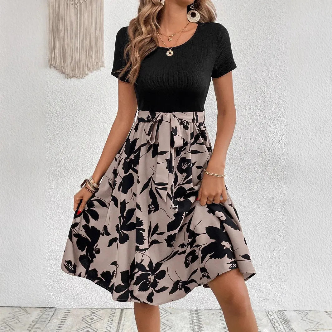 Khaki casual women's A-line dress with lace-up detail and floral print.