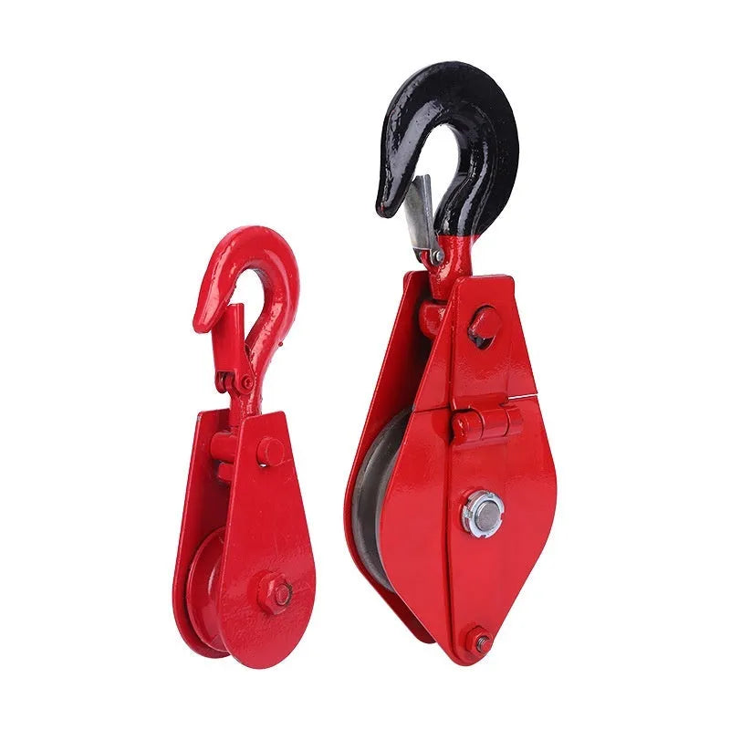 Forged steel industrial lifting pulley with safety latch in red or galvanised finish.