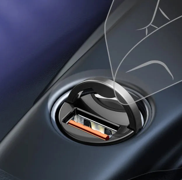 Baseus electro-optical grey 30W PPS fast car charger with single USB port and attached cable.