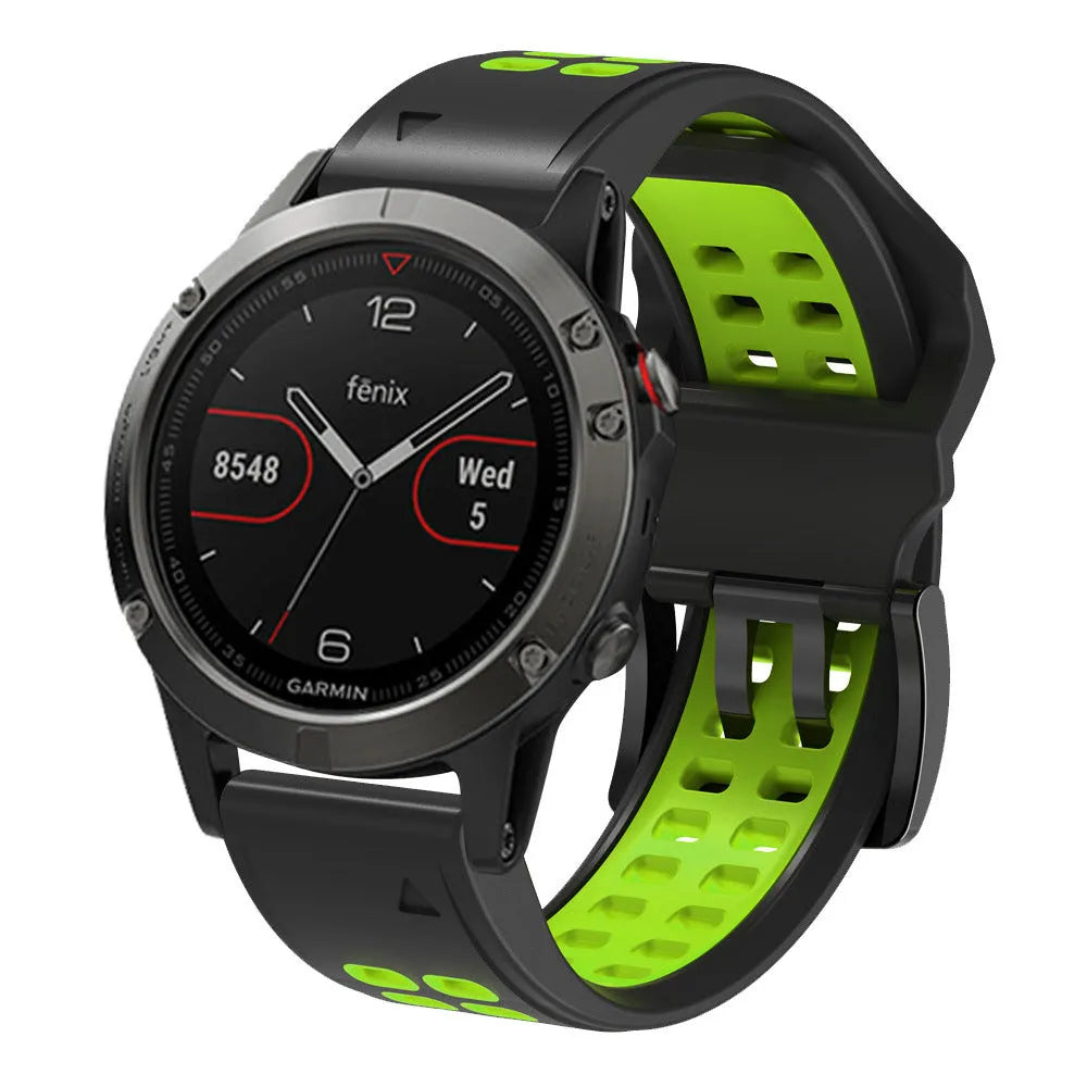 Two-tone quick release silicone watch strap showing pin buckle and colour options on grey background.