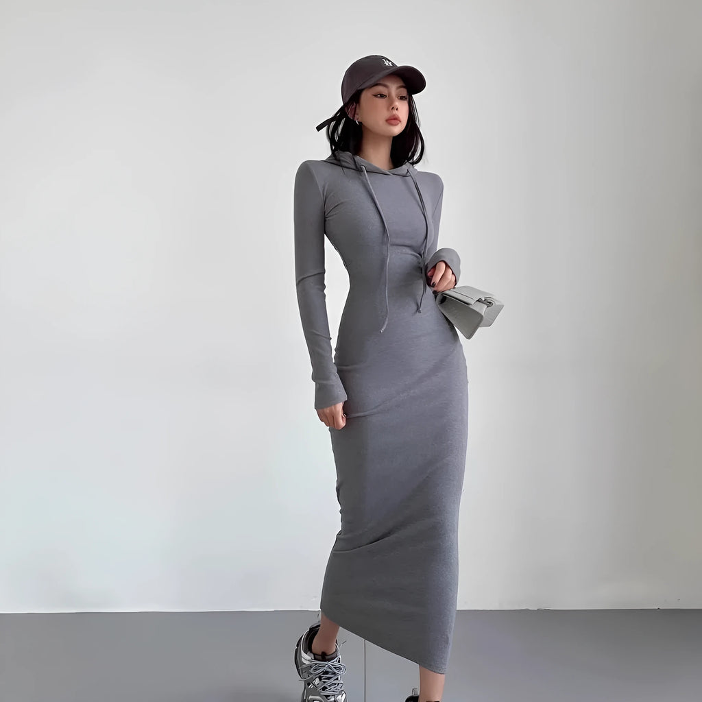 Women's grey hooded sheath dress with long sleeves and a high waist, shown in a front view.