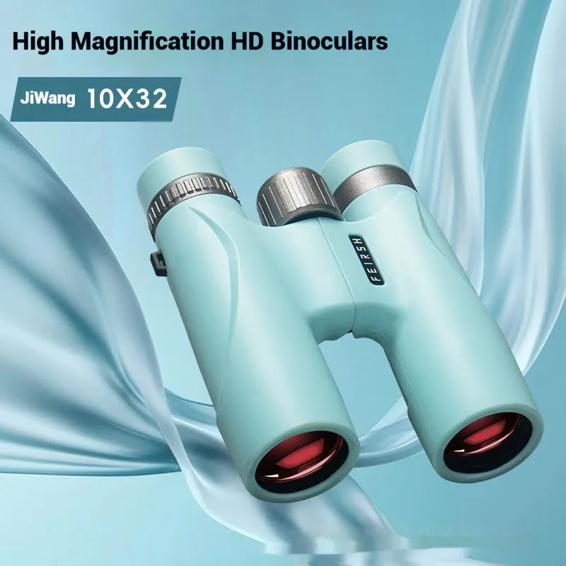 Compact blue binoculars with 10x32 magnification shown from multiple angles