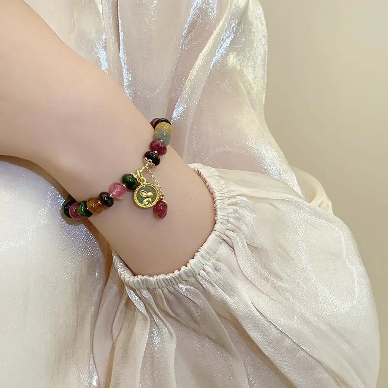 Handmade colourful tourmaline rabbit pendant abacus bracelet with natural stone beads