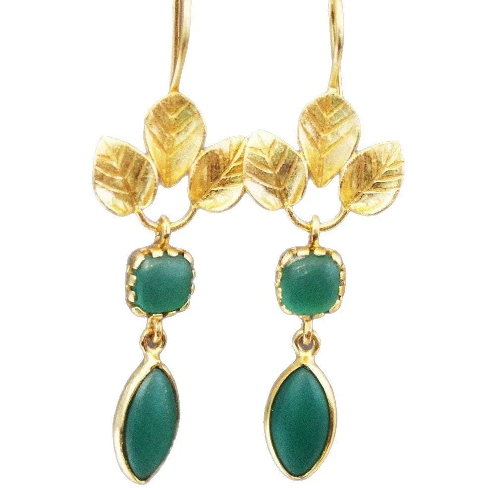 Gold-coloured retro drop earrings with French leaf design, tassels, and water drop zircon stones