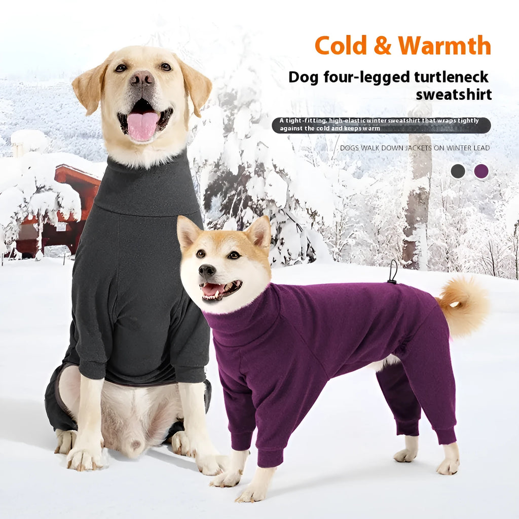 Dark grey polar fleece dog coat with high collar on a dog, showing four-legged design.