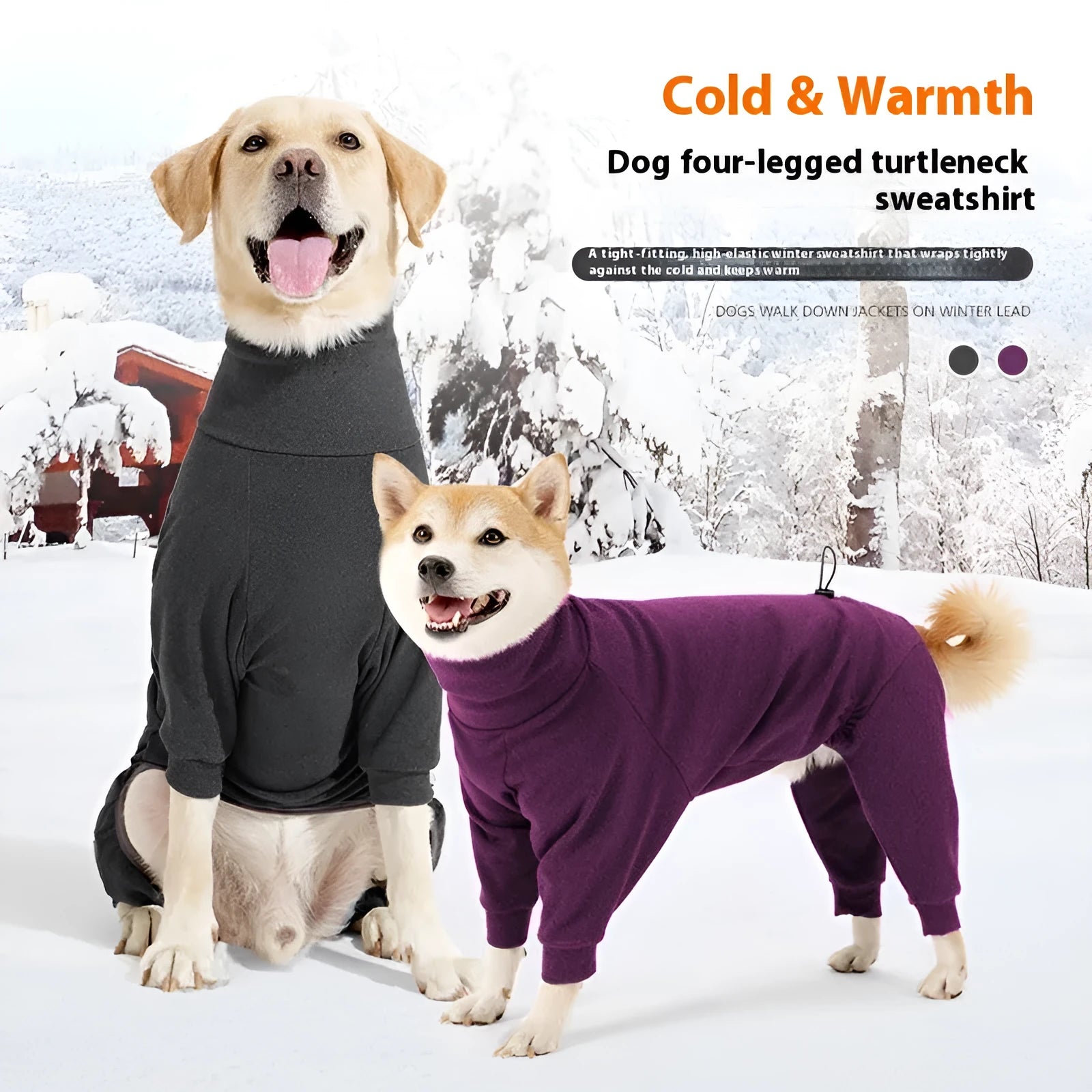 Dark grey polar fleece dog coat with high collar on a dog, showing four-legged design.