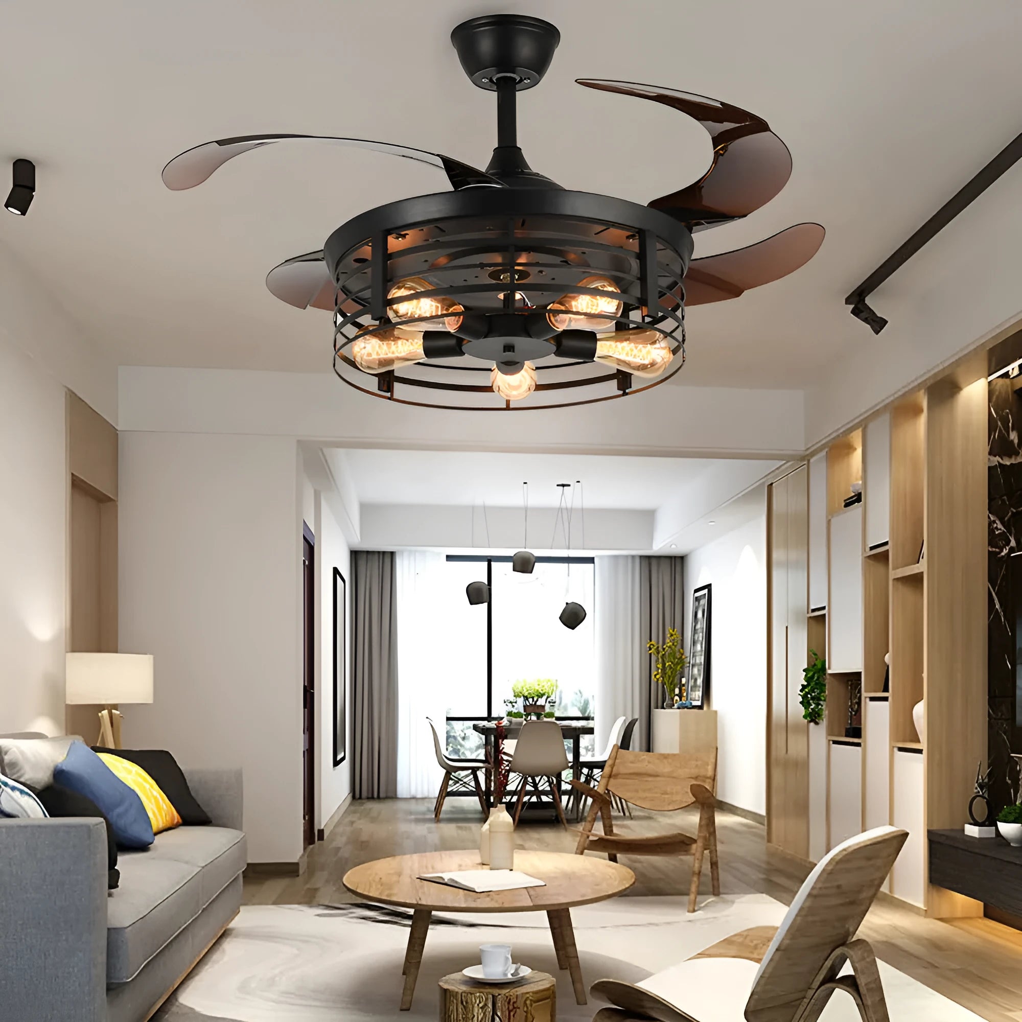 42-inch industrial retro style invisible ceiling fan lamp with acrylic blades and shade.